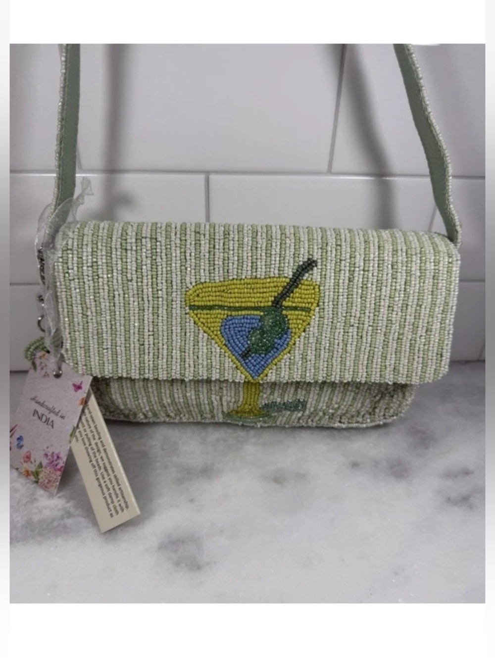 New Release Handcrafted in India Green Olive Martini Beaded Bag Viral TikTok NWT